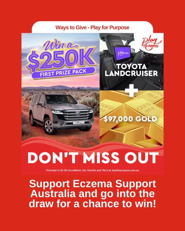 One of our “ways to give” is via Play for Purpose. 
 
A minimum of $5 from every $10 ticket purchased is provided back to Eczema Support Australia. 
 
To buy a ticket: click the link in stories
 
#EczemaSupportAustralia #EOFYGiving #DonateNow #Eczema